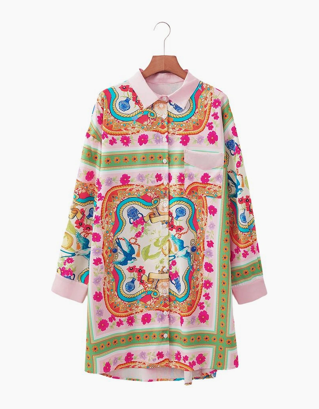 Multicolour Boho Floral Print Buttoned Long Sleeve Shirt Dress