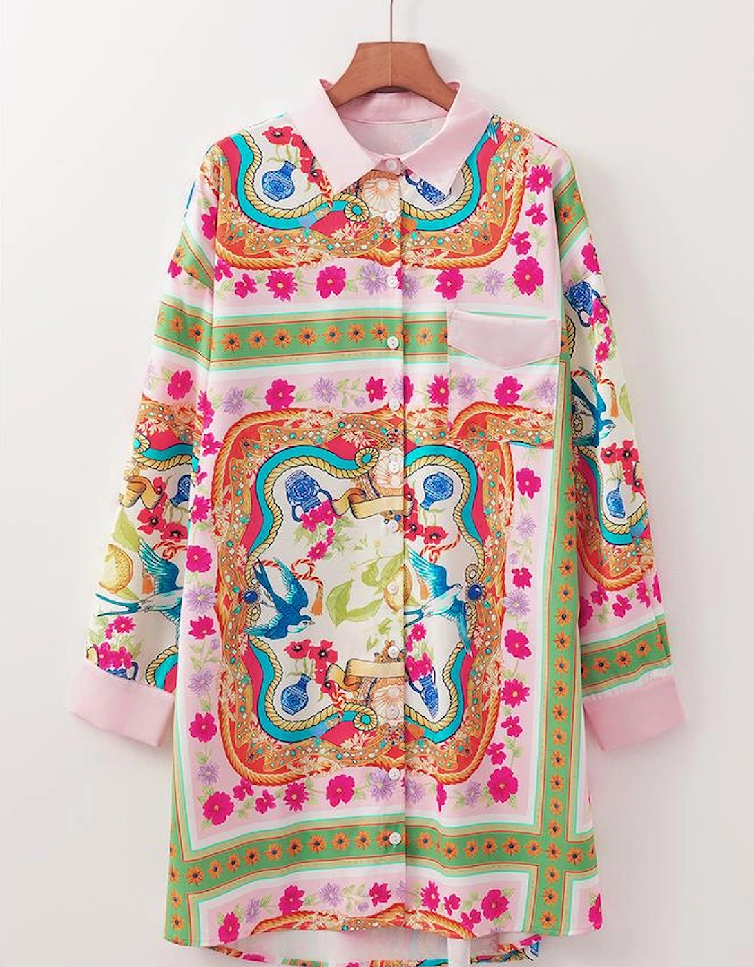 Multicolour Boho Floral Print Buttoned Long Sleeve Shirt Dress