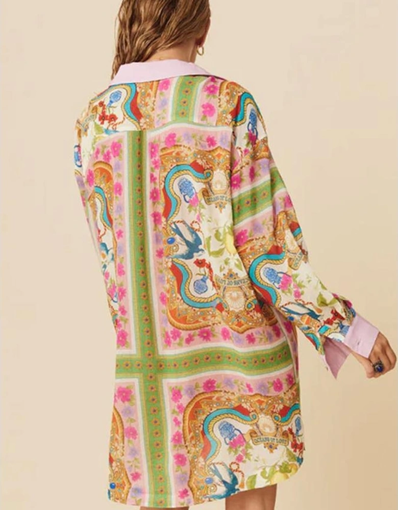 Multicolour Boho Floral Print Buttoned Long Sleeve Shirt Dress