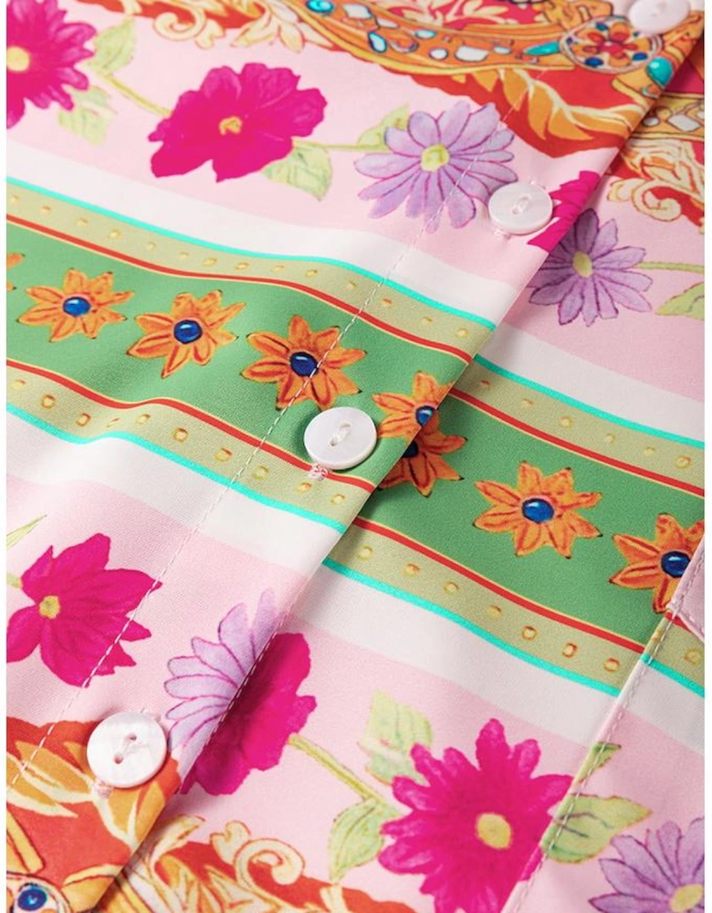 Multicolour Boho Floral Print Buttoned Long Sleeve Shirt Dress