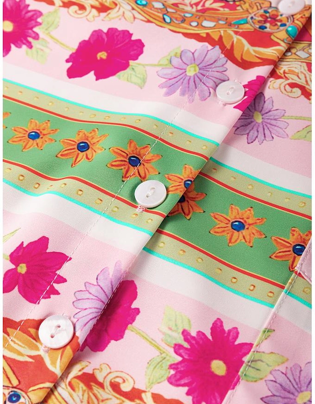 Multicolour Boho Floral Print Buttoned Long Sleeve Shirt Dress