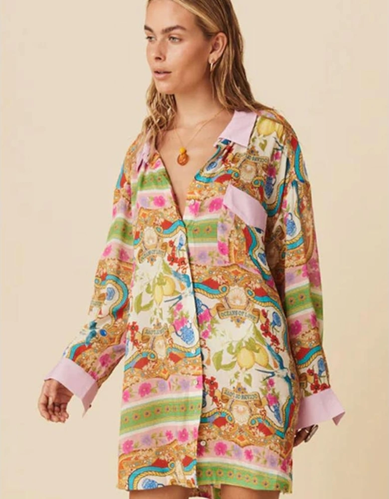 Multicolour Boho Floral Print Buttoned Long Sleeve Shirt Dress