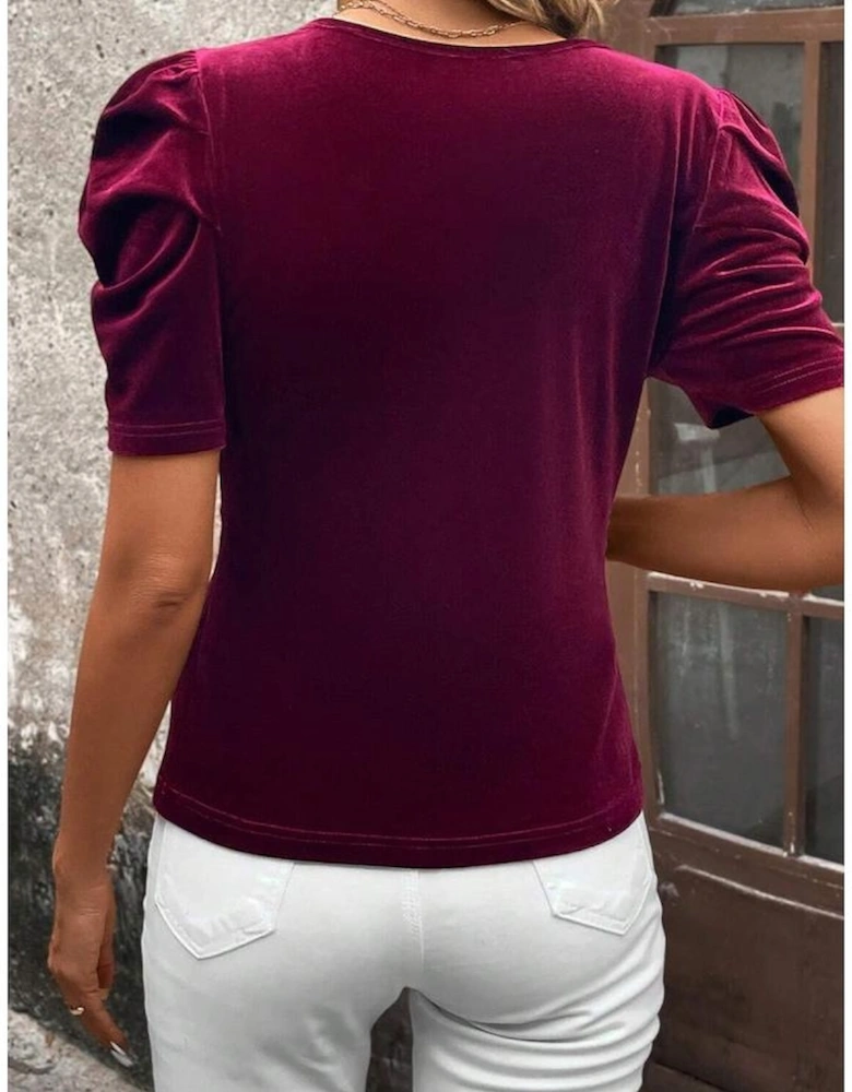Burgundy Short Puff Sleeve Velvet Top