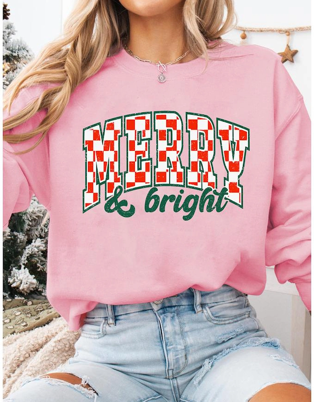 Pink MERRY & Bright Graphic Holiday Pullover Sweatshirt
