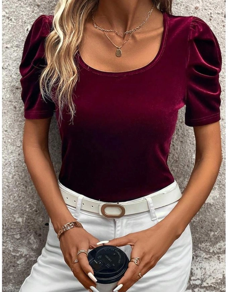 Burgundy Short Puff Sleeve Velvet Top