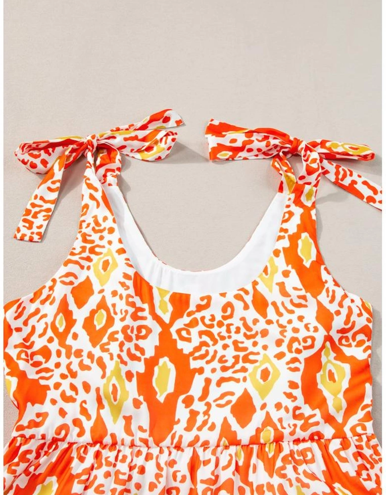 Orange Knotted Straps Leopard Colorblock Dress
