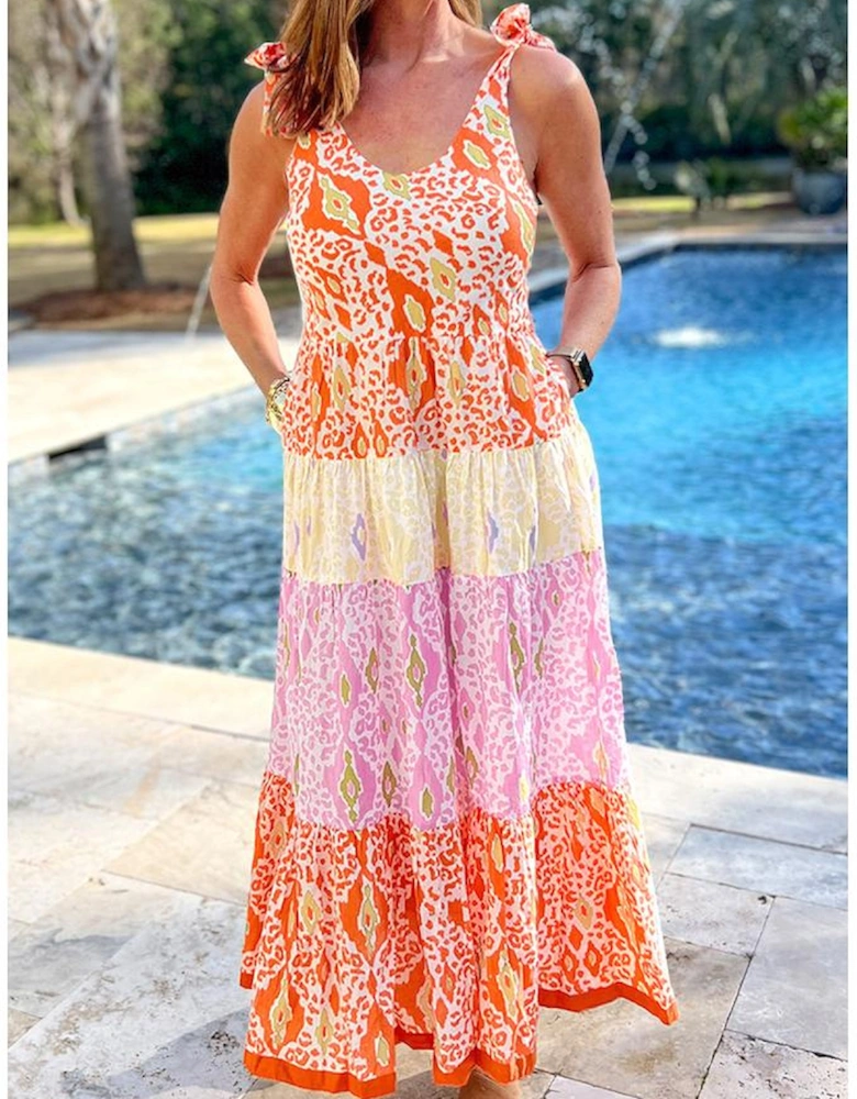 Orange Knotted Straps Leopard Colorblock Dress