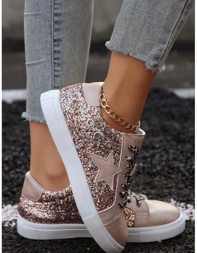 Gold Star Sequin Patchwork Leopard Lace-up Shoes
