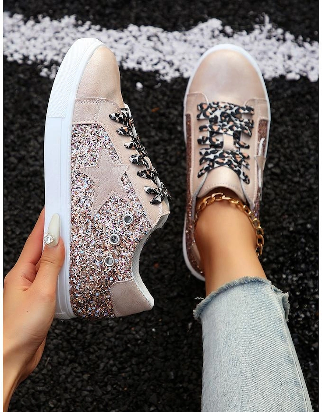 Gold Star Sequin Patchwork Leopard Lace-up Shoes, 6 of 5