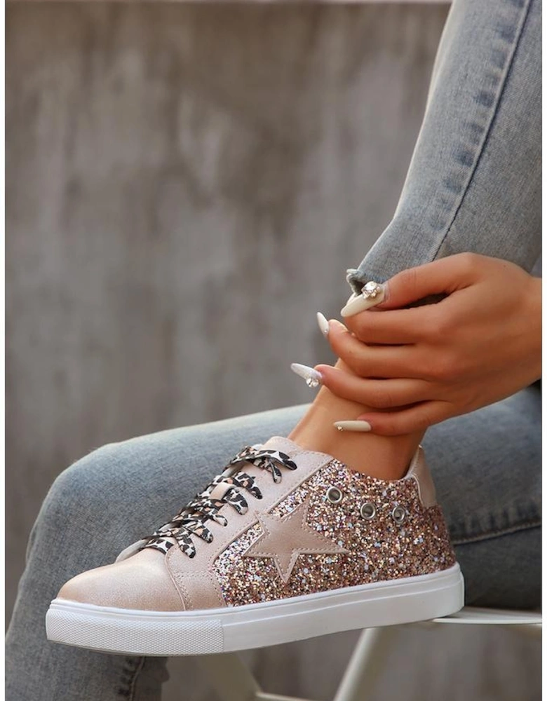 Gold Star Sequin Patchwork Leopard Lace-up Shoes