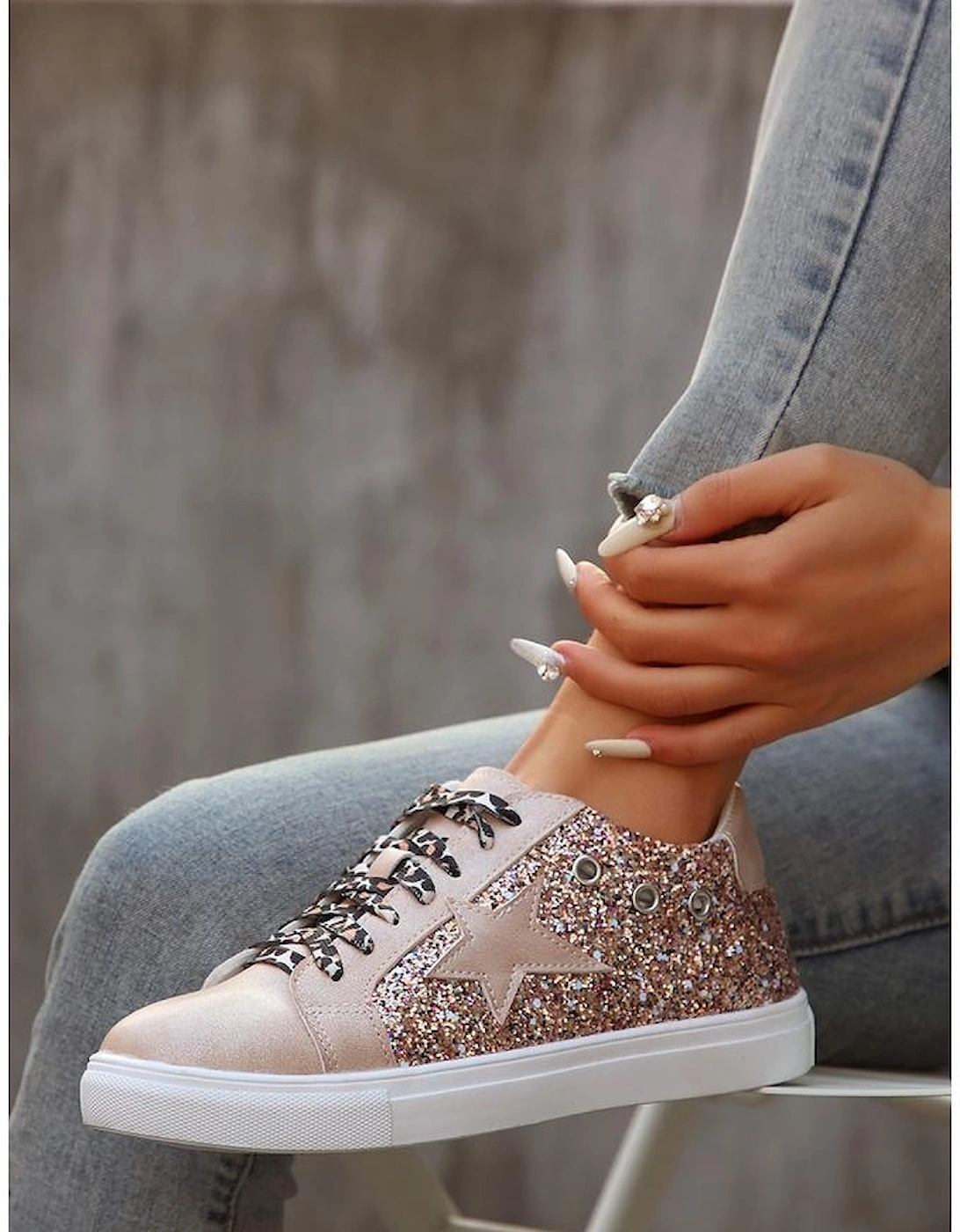 Gold Star Sequin Patchwork Leopard Lace-up Shoes