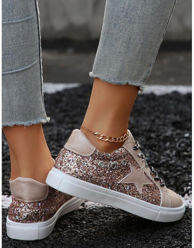 Gold Star Sequin Patchwork Leopard Lace-up Shoes