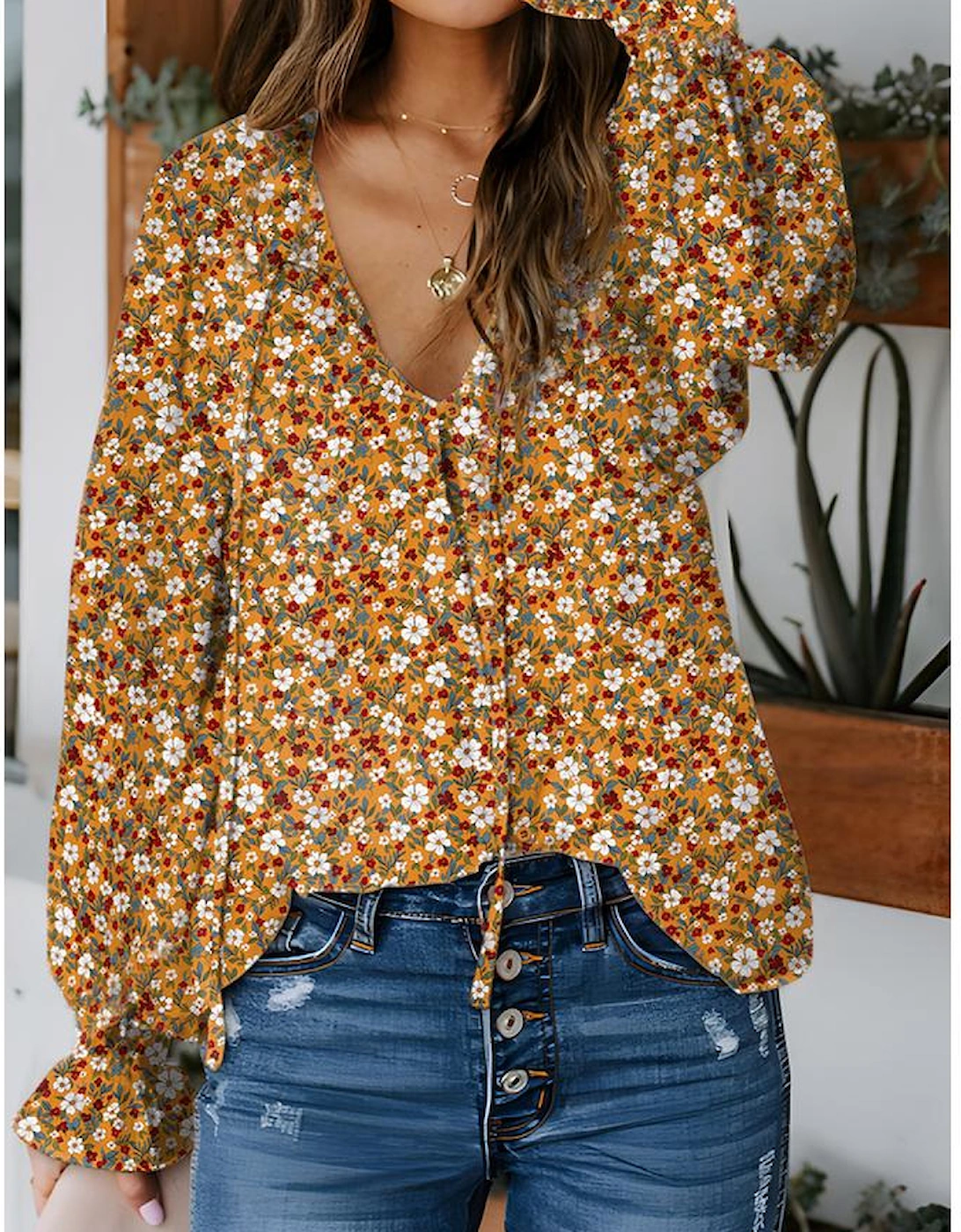 Orange Boho Floral Ruffled Bubble Sleeve V Neck Fall Blouse