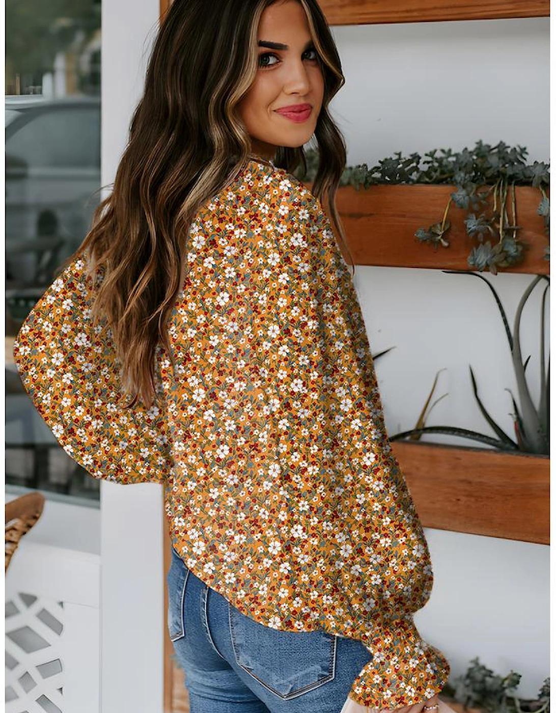 Orange Boho Floral Ruffled Bubble Sleeve V Neck Fall Blouse, 4 of 3