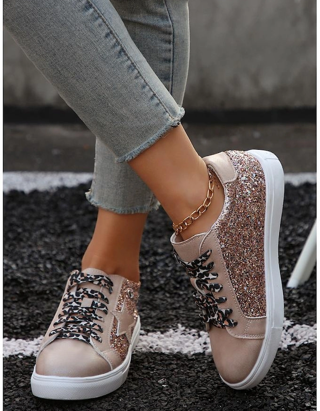 Gold Star Sequin Patchwork Leopard Lace-up Shoes