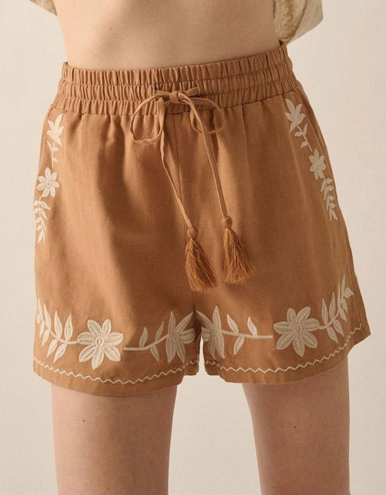 Khaki Embroidered Boho Tasseled Drawstring Elastic Waist Casual shorts