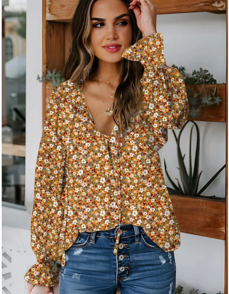 Orange Boho Floral Ruffled Bubble Sleeve V Neck Fall Blouse