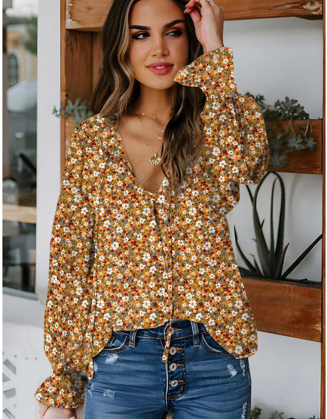 Orange Boho Floral Ruffled Bubble Sleeve V Neck Fall Blouse