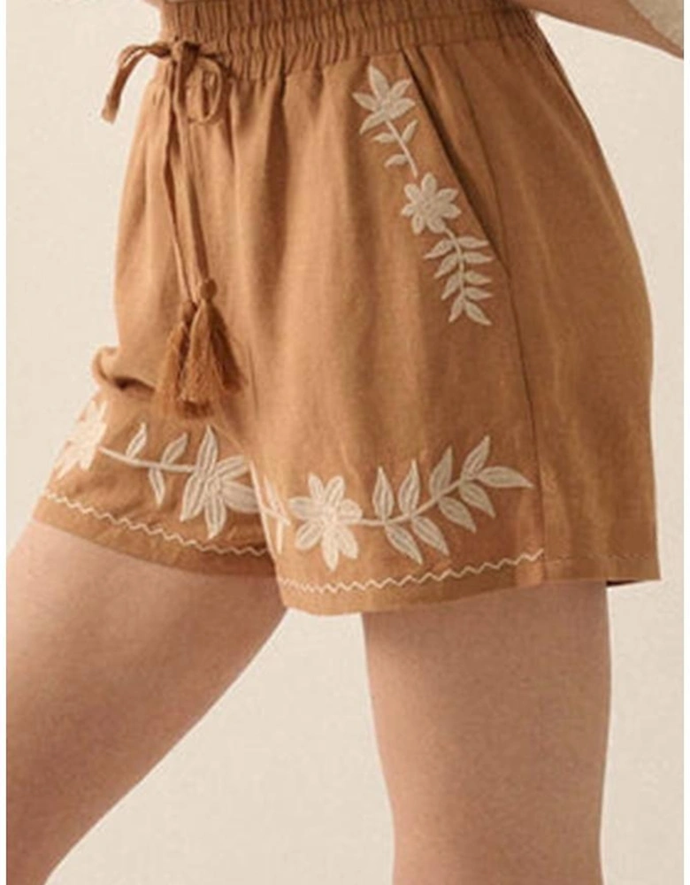 Khaki Embroidered Boho Tasseled Drawstring Elastic Waist Casual shorts