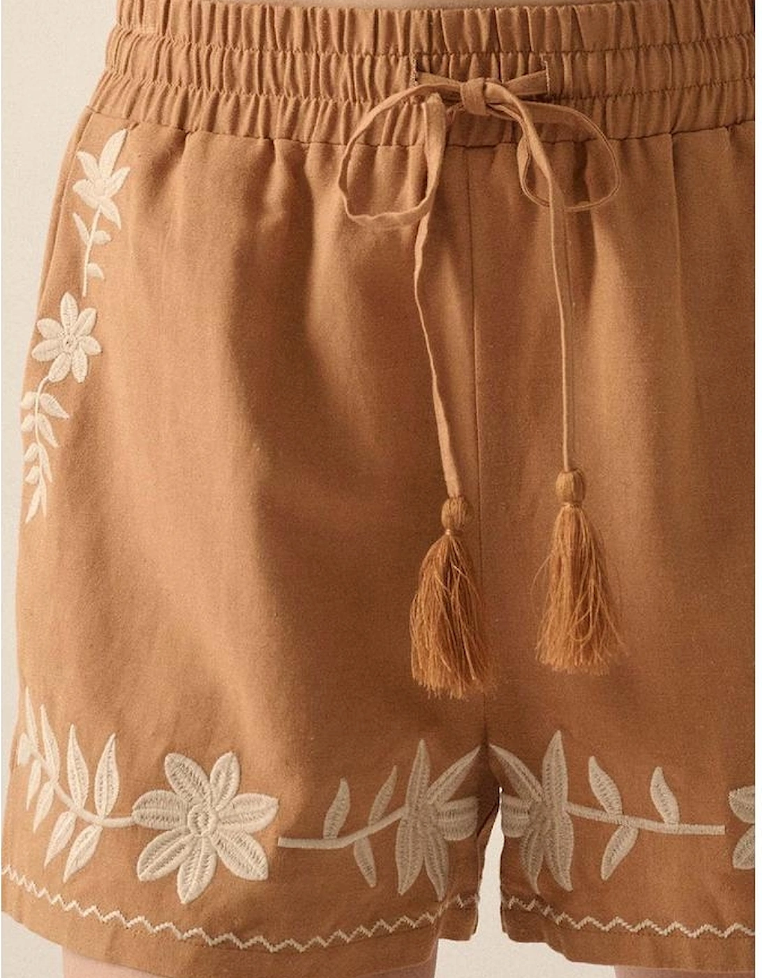 Khaki Embroidered Boho Tasseled Drawstring Elastic Waist Casual shorts