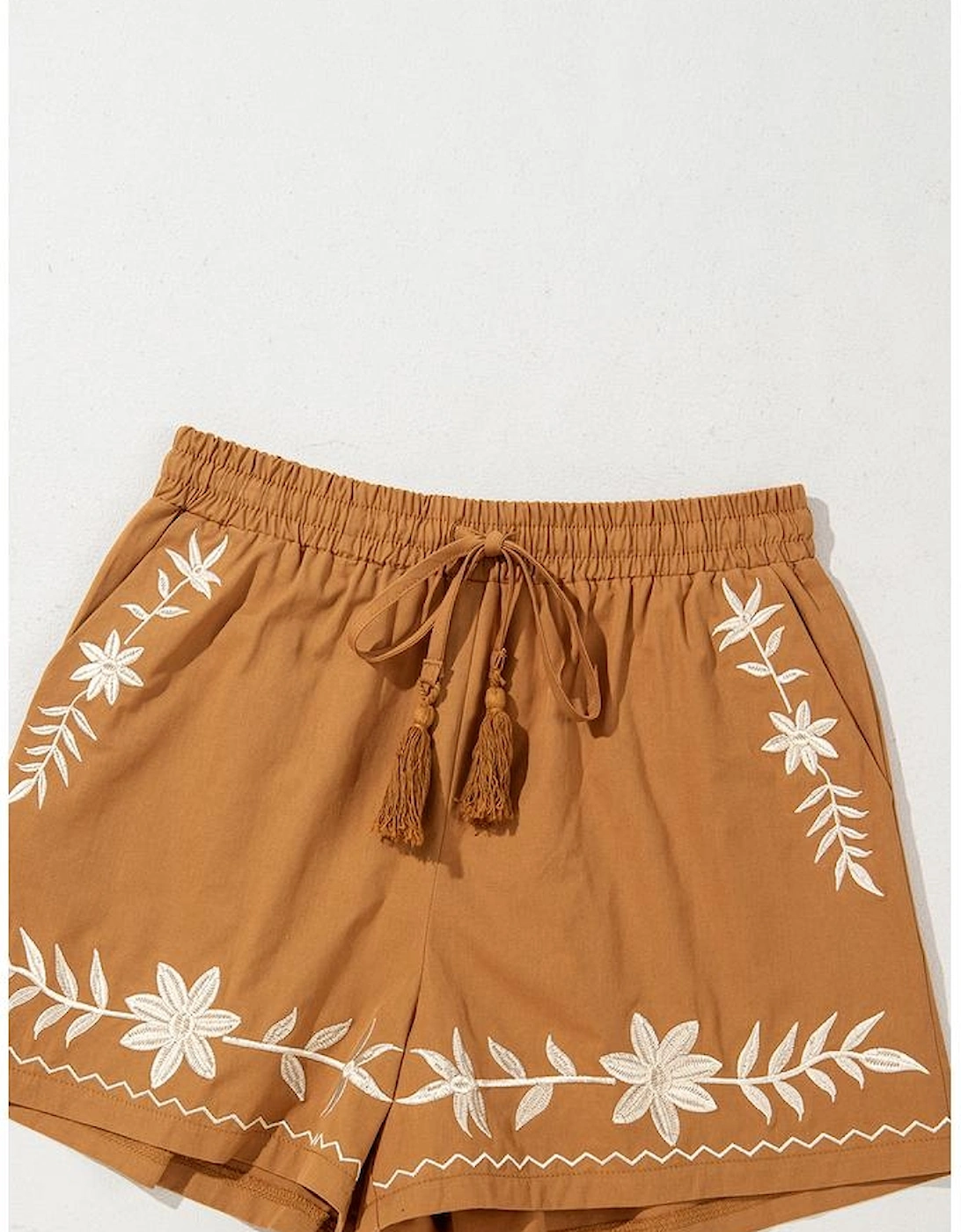 Khaki Embroidered Boho Tasseled Drawstring Elastic Waist Casual shorts