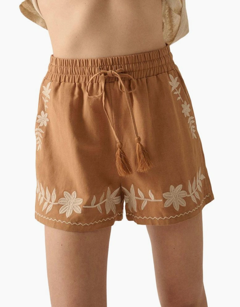 Khaki Embroidered Boho Tasseled Drawstring Elastic Waist Casual shorts