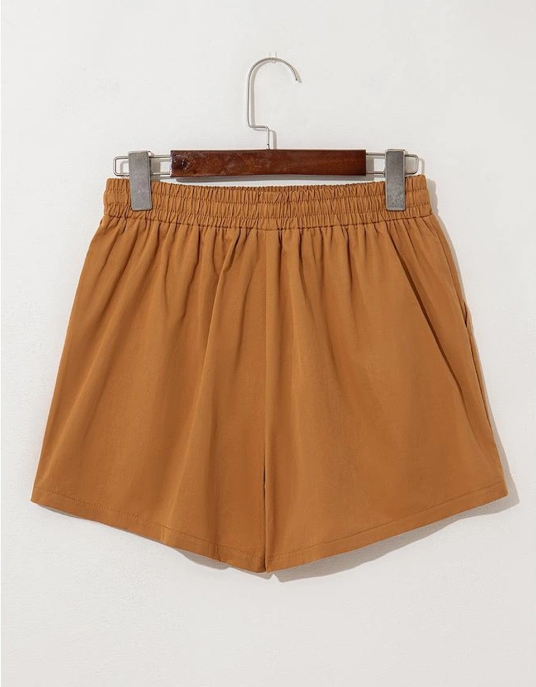 Khaki Embroidered Boho Tasseled Drawstring Elastic Waist Casual shorts