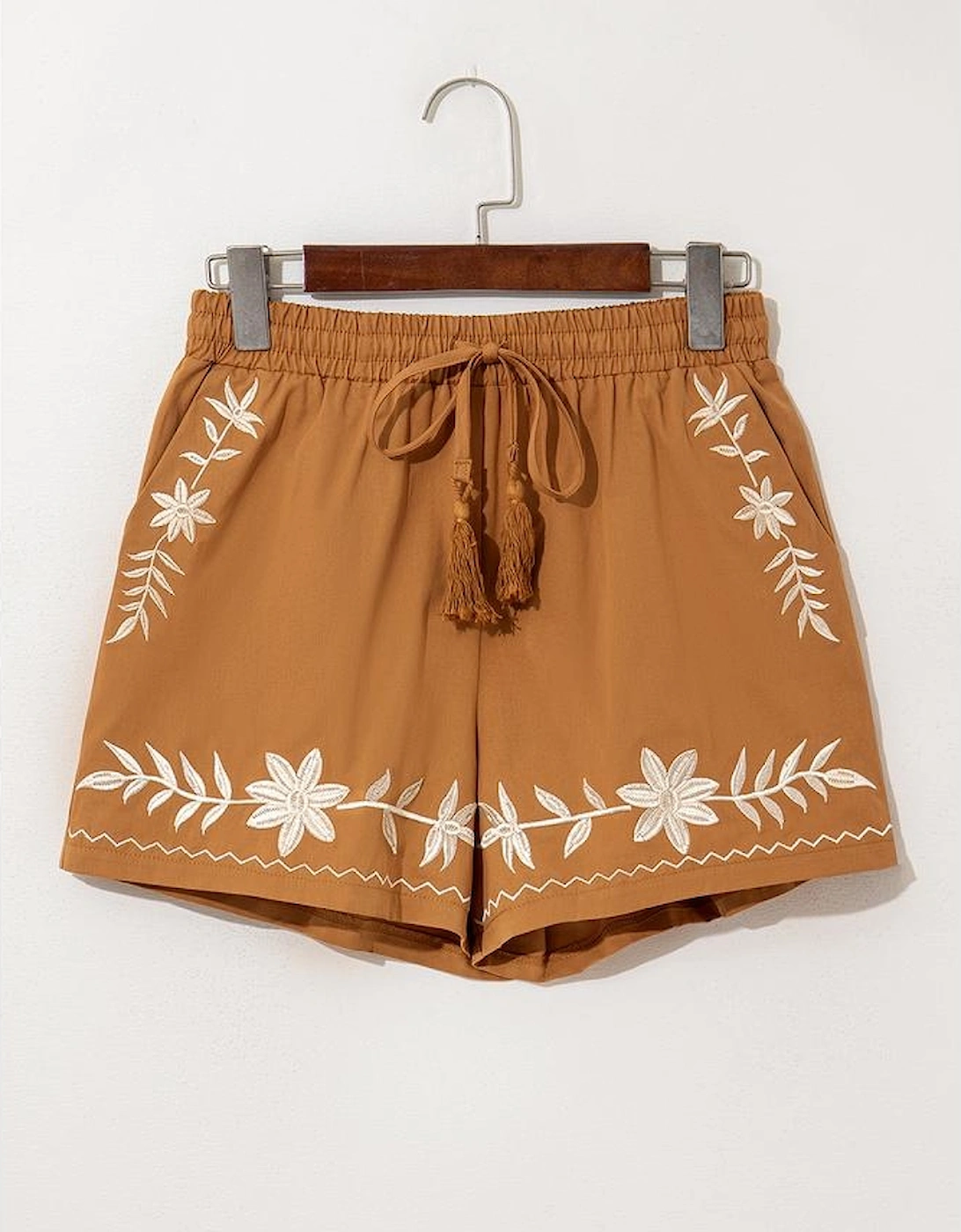 Khaki Embroidered Boho Tasseled Drawstring Elastic Waist Casual shorts