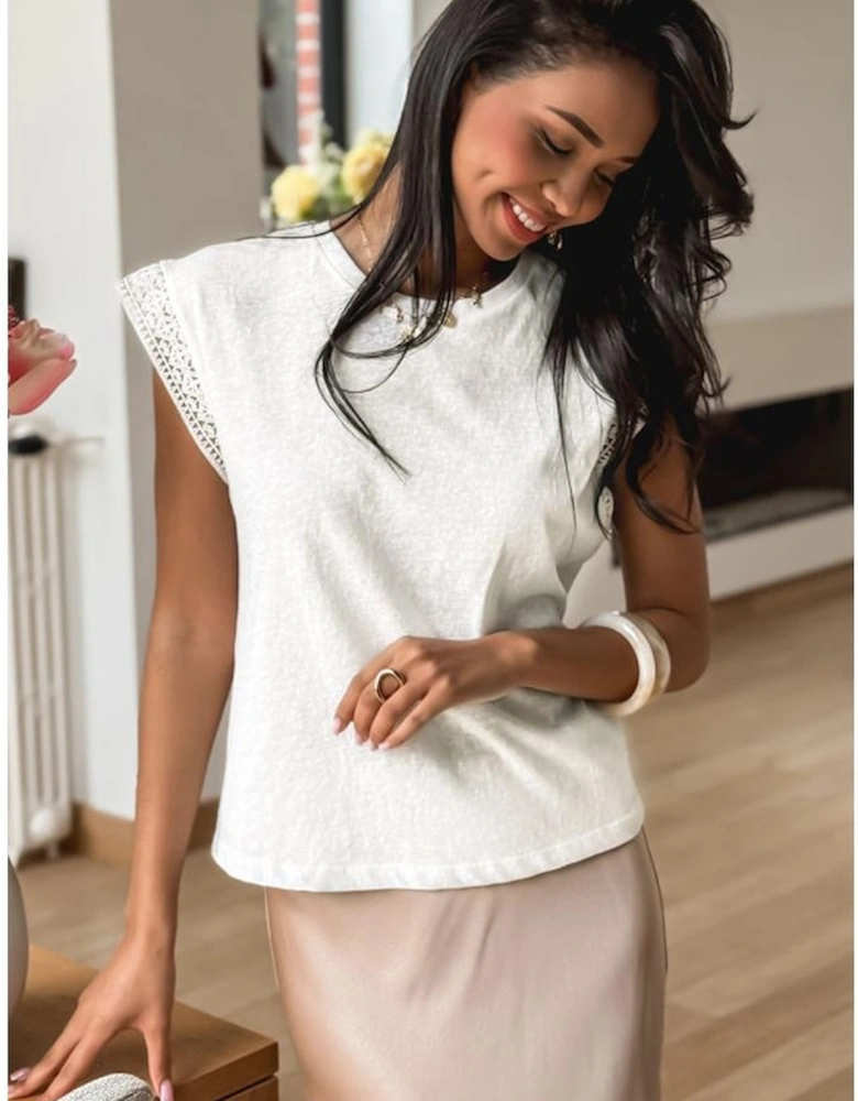 White Lace Patchwork Cap Sleeve Round Neck T Shirt