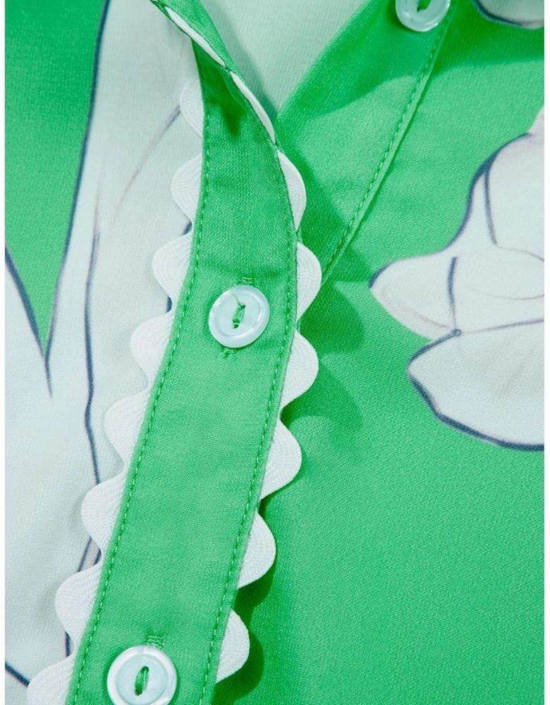 Green Floral Ric Rac Edge Puff Sleeve Button Up Summer Shirt