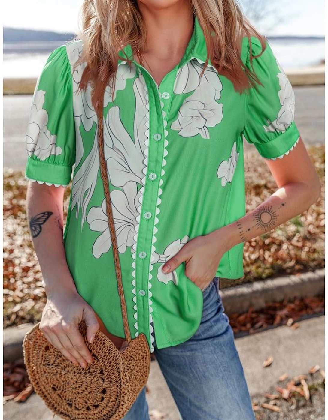 Green Floral Ric Rac Edge Puff Sleeve Button Up Summer Shirt