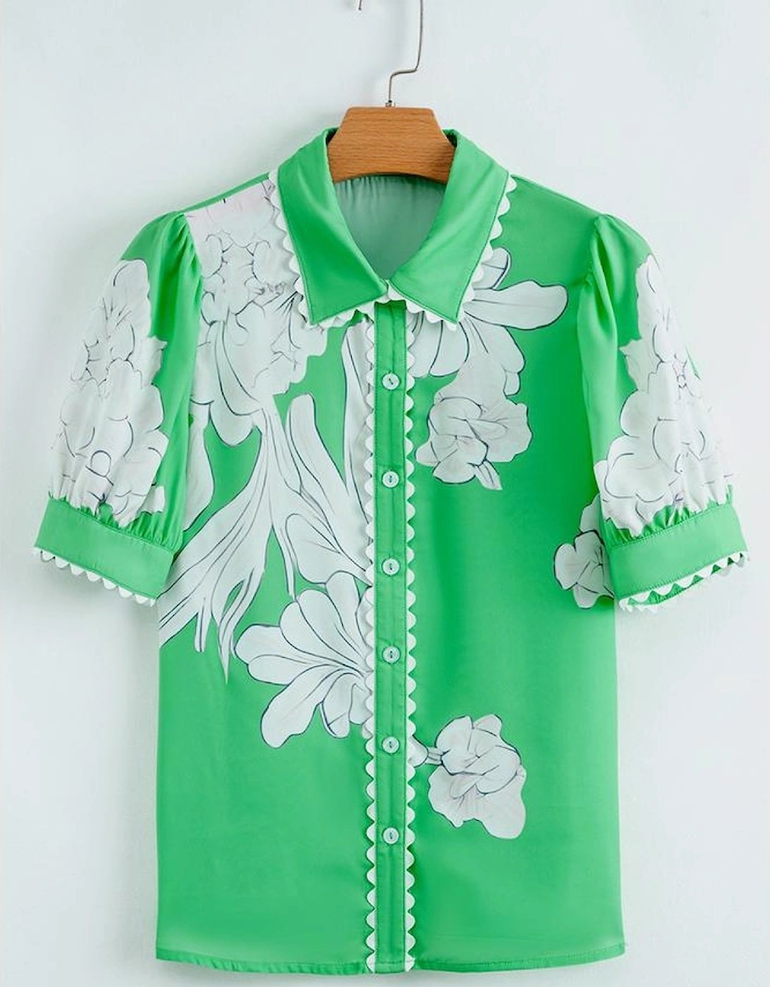 Green Floral Ric Rac Edge Puff Sleeve Button Up Summer Shirt