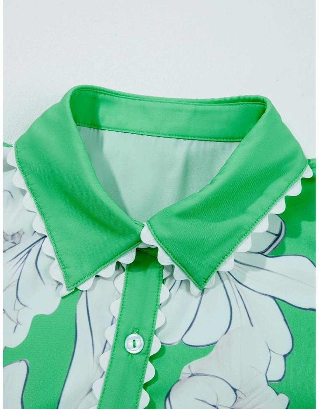 Green Floral Ric Rac Edge Puff Sleeve Button Up Summer Shirt