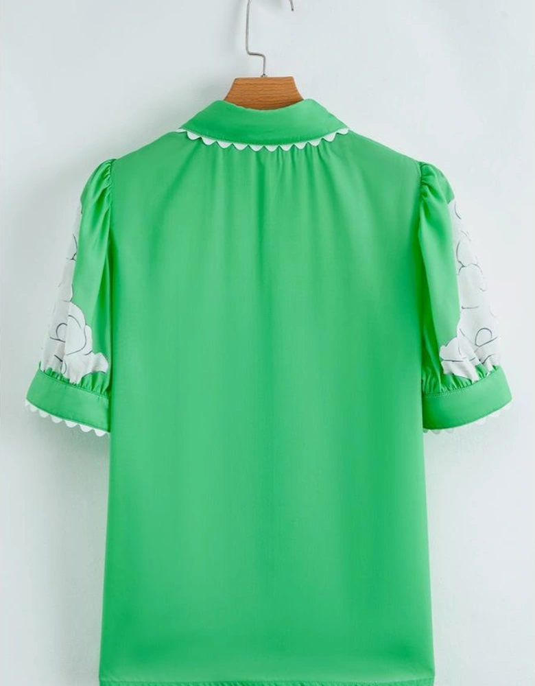 Green Floral Ric Rac Edge Puff Sleeve Button Up Summer Shirt