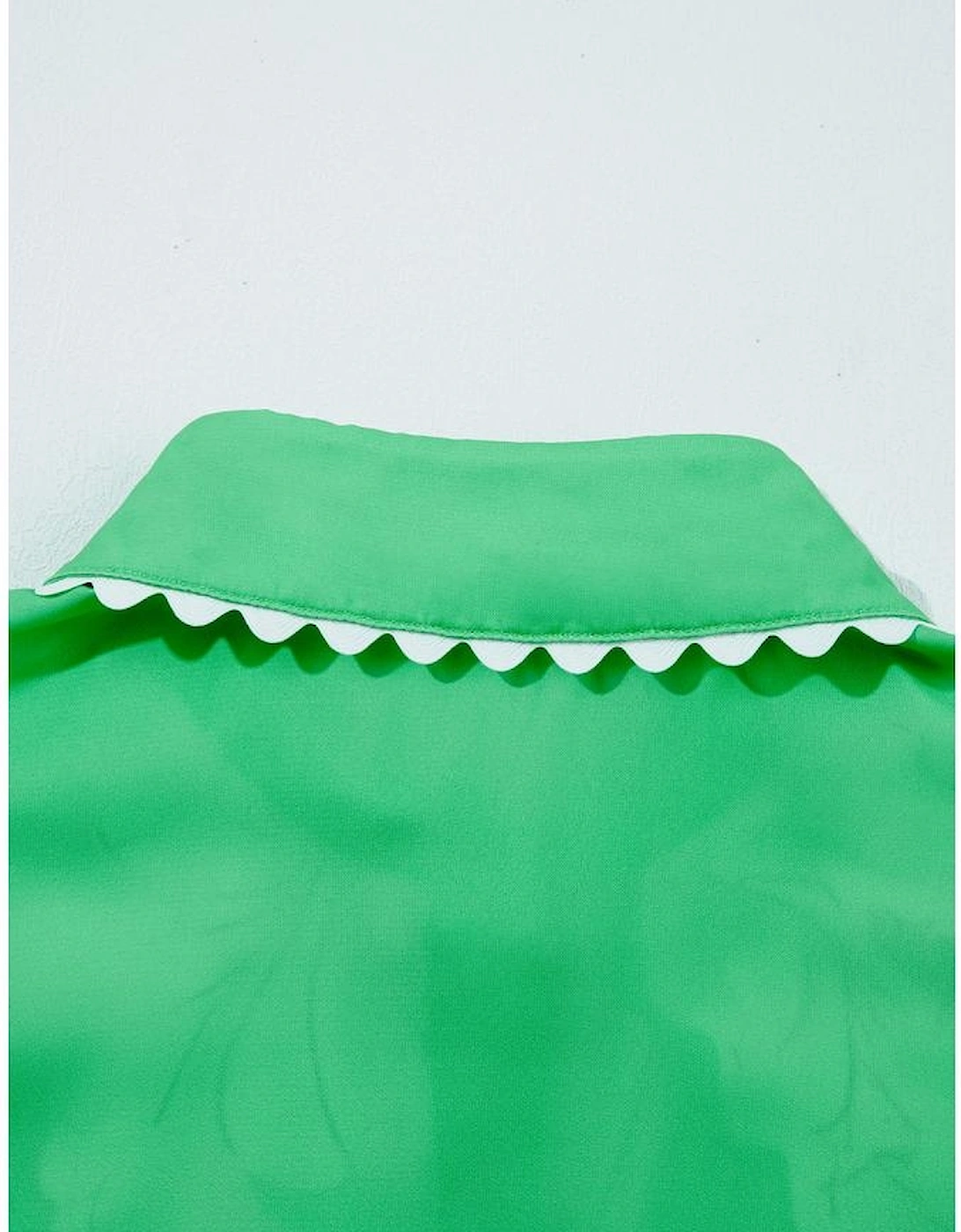 Green Floral Ric Rac Edge Puff Sleeve Button Up Summer Shirt