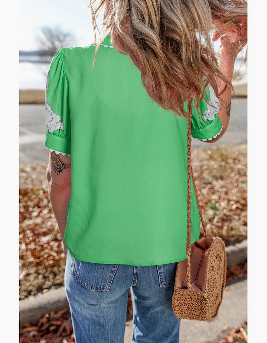 Green Floral Ric Rac Edge Puff Sleeve Button Up Summer Shirt