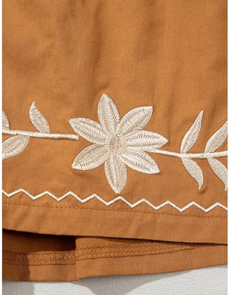 Khaki Embroidered Boho Tasseled Drawstring Elastic Waist Casual shorts