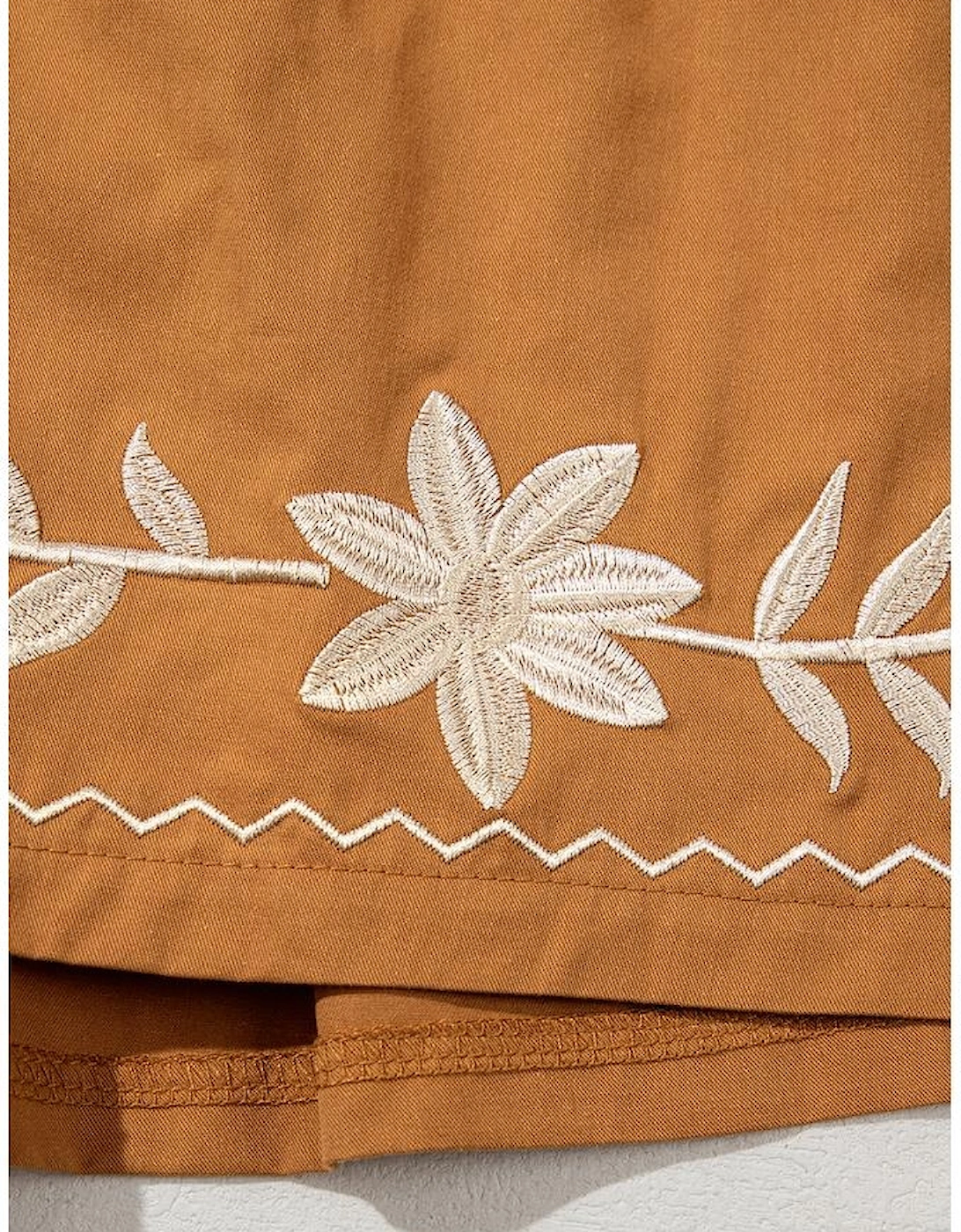 Khaki Embroidered Boho Tasseled Drawstring Elastic Waist Casual shorts