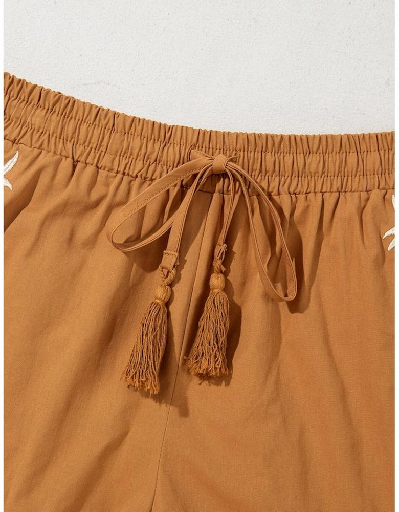 Khaki Embroidered Boho Tasseled Drawstring Elastic Waist Casual shorts