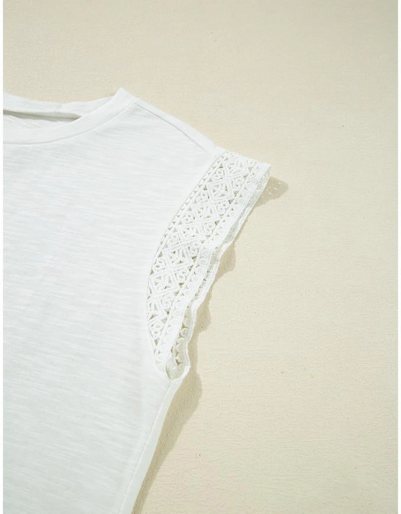 White Lace Patchwork Cap Sleeve Round Neck T Shirt