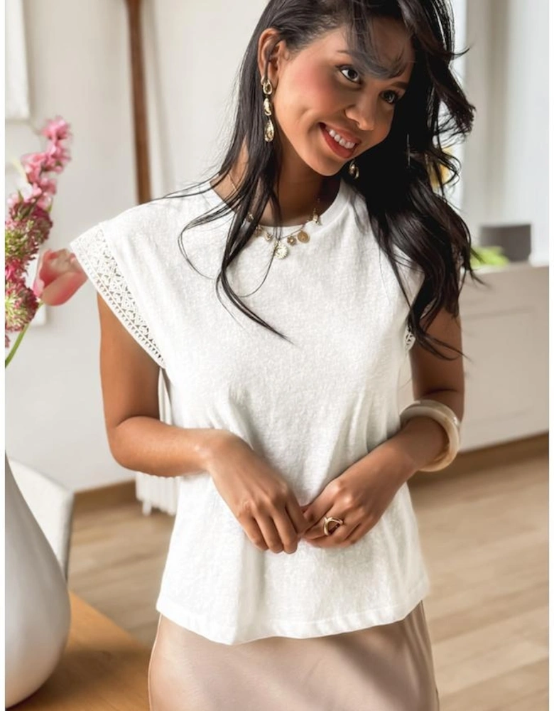 White Lace Patchwork Cap Sleeve Round Neck T Shirt