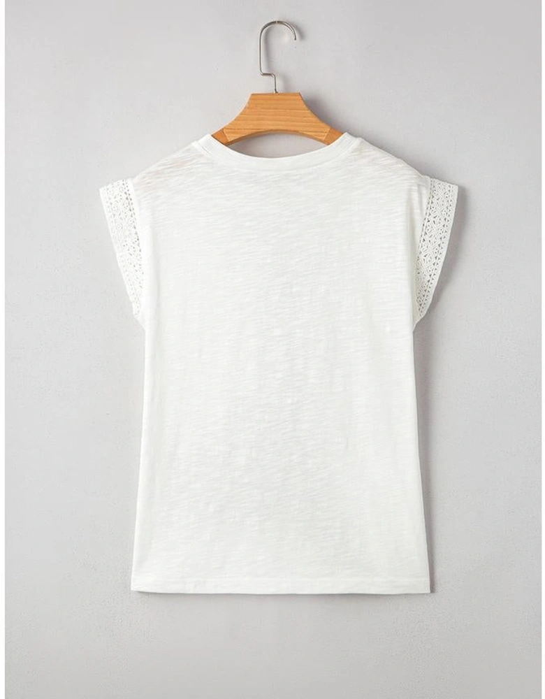 White Lace Patchwork Cap Sleeve Round Neck T Shirt