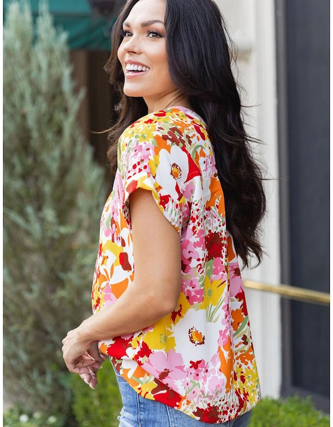 White Boho Floral Print V Neck Short Sleeves Top