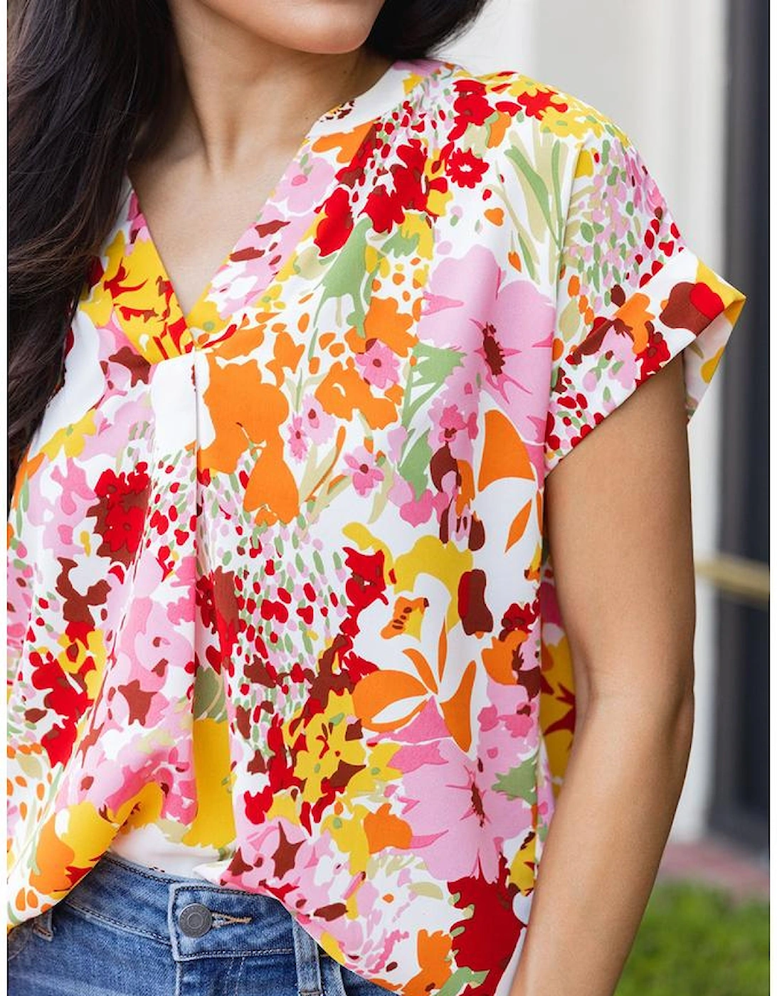 White Boho Floral Print V Neck Short Sleeves Top