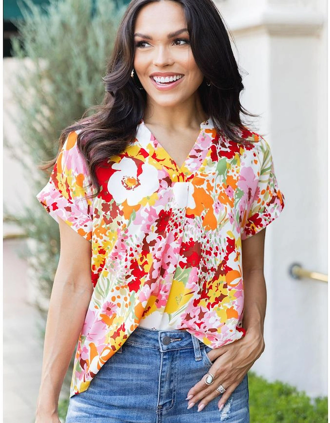 White Boho Floral Print V Neck Short Sleeves Top