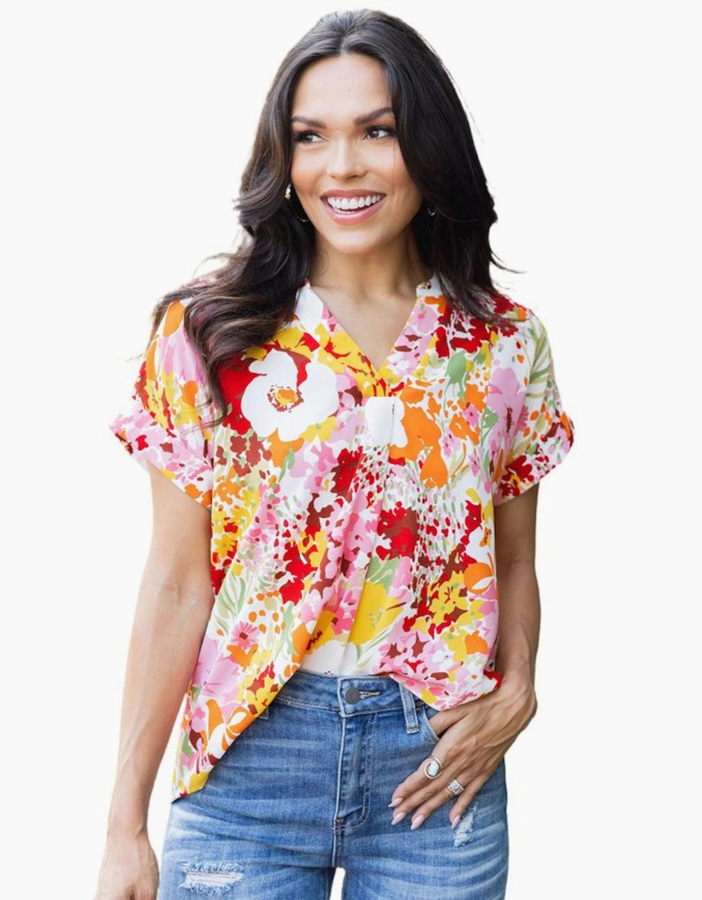 White Boho Floral Print V Neck Short Sleeves Top