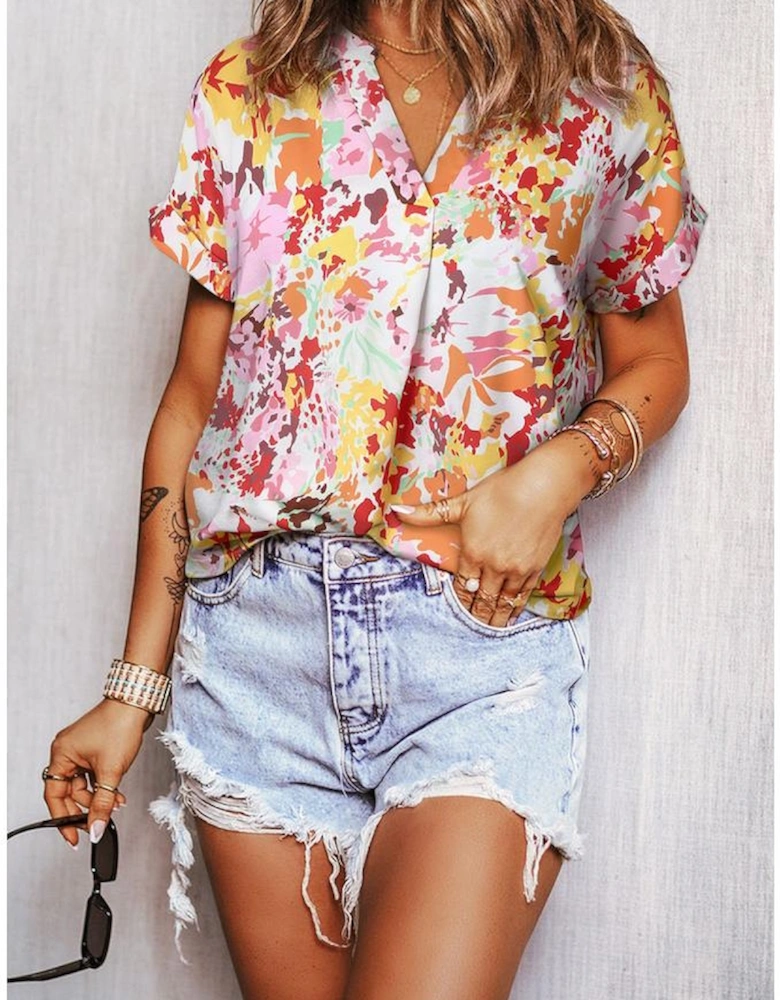White Boho Floral Print V Neck Short Sleeves Top