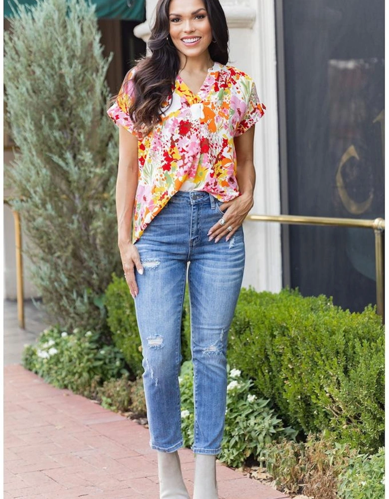 White Boho Floral Print V Neck Short Sleeves Top