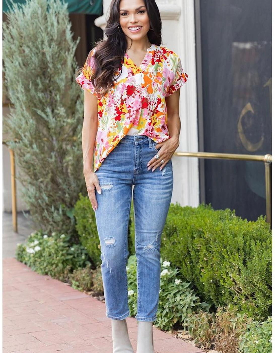 White Boho Floral Print V Neck Short Sleeves Top
