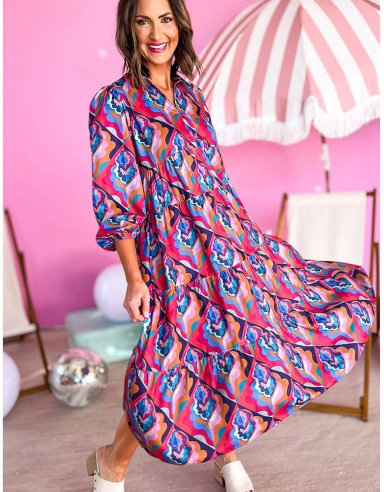 Abstract Geometric Print Long Sleeve High Waist Dress
